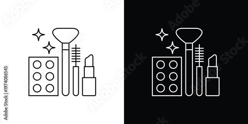 Elegant minimalist line art vector icon illustration of essential beauty and makeup products, including brushes, lipstick, mascara, and eyeshadow palette, ideal for graphic design and web interfaces