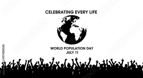 World Population Day illustration with cheering crowd and globe silhouette.