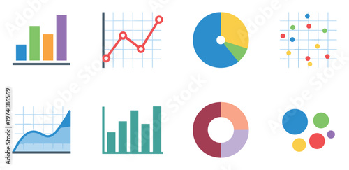 Comprehensive collection of diverse data visualization charts and graphs for illustrating business trends, financial analytics, and statistical reports in professional presentations and