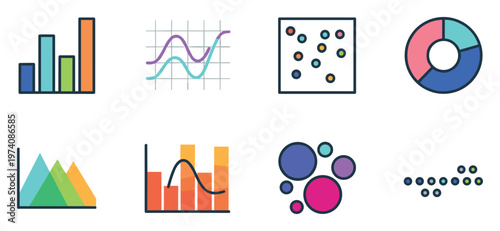 A comprehensive set of colorful data visualization icons and charts designed for clear statistical analysis, effective business reporting, and engaging financial presentations.