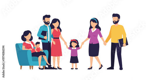 Diverse groups of happy families and couples standing together, depicting love, unity, and companionship in modern society through vibrant illustrations