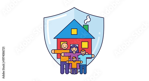 Illustrative icon portraying a happy family and their house safely secured within a protective shield, symbolizing home insurance and domestic peace
