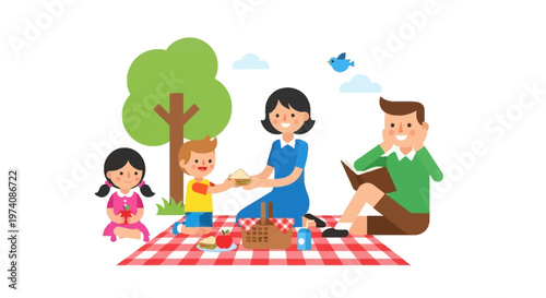 Happy family enjoying a delightful outdoor picnic in a park, sharing food and quality time together on a sunny day