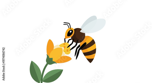 Vibrant vector illustration of a honeybee diligently collecting pollen from a bright yellow flower, symbolizing essential ecosystem pollination and natural beauty
