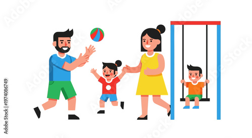 Joyful family playtime outdoors with happy children and parents, kids playing ball and swinging in a vibrant park setting