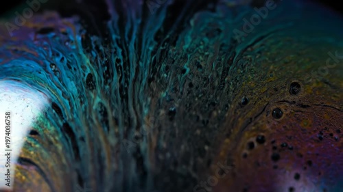 Mesmerizing Macro Close-Up of Iridescent Soap Bubble Film with Swirling Colors and Patterns.