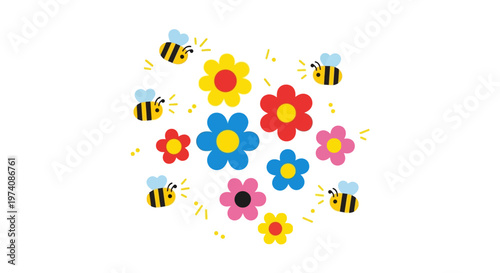Cute cartoon bees and colorful flowers arrangement on a white background