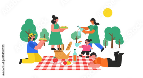 Happy family enjoying a delightful summer picnic in the park, sharing food and creating cherished memories outdoors together