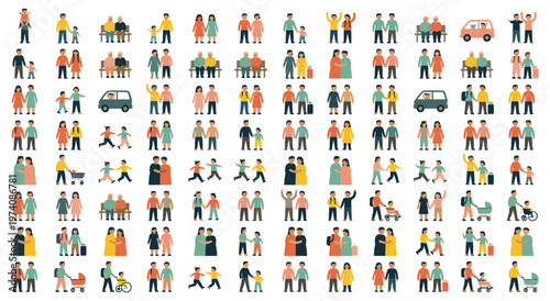 Diverse collection of human figures engaged in various activities, including families, working individuals, and people interacting in everyday life scenarios, ideal for illustrating community.