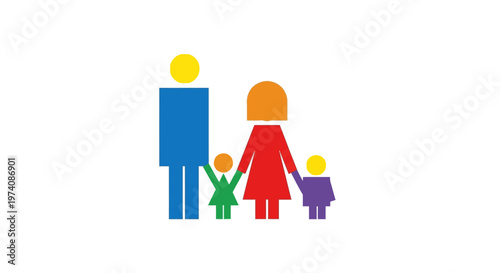 Colorful illustration of a family unit comprised of two parents and two children walking together holding hands in unity and harmony