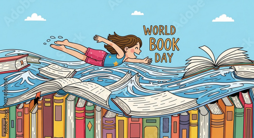 Girl swimming in an ocean of open books for World Book Day