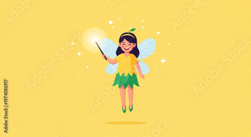 Happy little fairy girl holding magic wand with sparkling dust effect