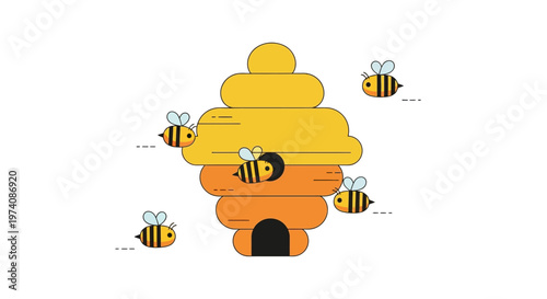 Abstract Illustration of a Beehive with Flying Bees in a Minimalist Yellow and Orange Design