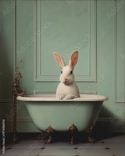 Whimsical Rabbit in Bathtub: Retro Teal Interior Meets Modern Vintage Animal Portrait Art