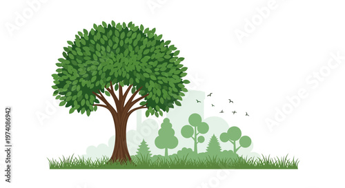 Vibrant Green Tree Standing Tall Amidst a Lush Forest Landscape with Distant Cityscape