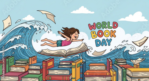 Girl flying over giant open book with books ocean for world book day