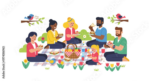 A happy family and friends enjoying a delightful picnic together in a sunny park setting, sharing food and laughter
