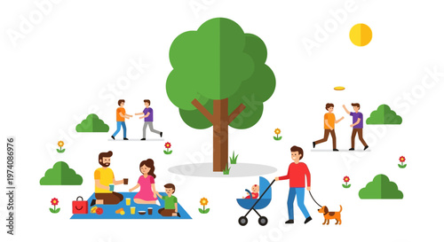 Happy Families and Friends Enjoying Leisure Activities in a Vibrant Green Park on a Sunny Day, Showcasing Outdoor Relaxation and Community Fun