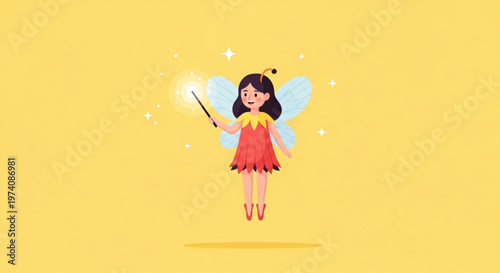 Cute fairy character in red floral dress holding magic wand and sparkles
