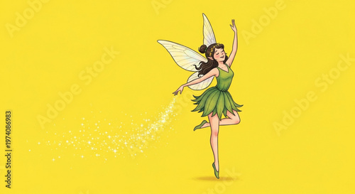 Hand drawn illustration of happy fairy dancing on solid yellow background