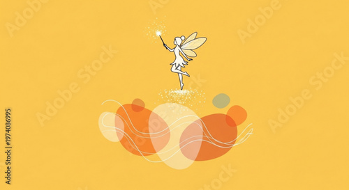 Minimalist line art illustration of fairy holding wand on yellow