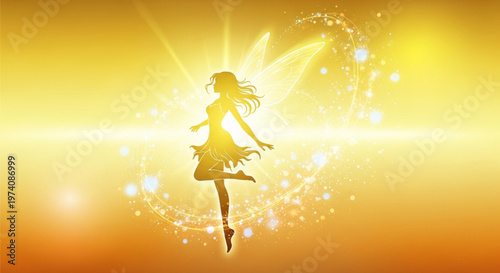 Golden silhouette of magical fairy flying with glowing light swirls