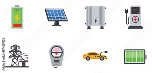 Electric energy power supply icons featuring battery, solar panel, charging station, and electric car for green technology and renewable solutions presentations.