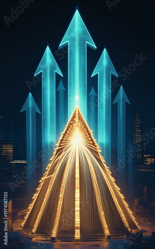 Digital arrows rise from city lights symbolizing growth and