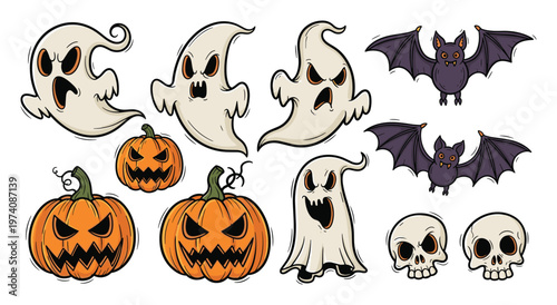 Spooky Halloween collection featuring playful ghosts, menacing jackolanterns, flying bats, and ominous skulls perfect for holiday decorations, party invitations, or seasonal promotions