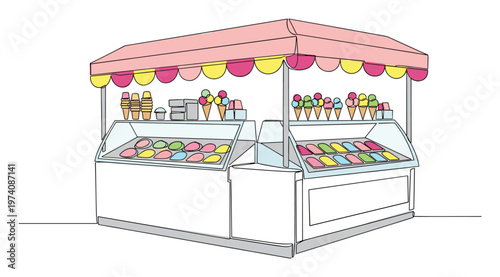 Vibrant ice cream stall showcasing an array of delicious gelato and sweet cones, ideal for summer dessert advertisements, food festival graphics, or childrens product packaging.