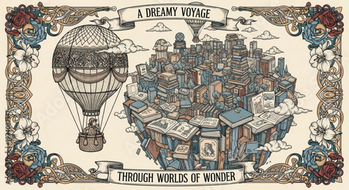 Intricate dream voyage illustration with books and hot air balloon