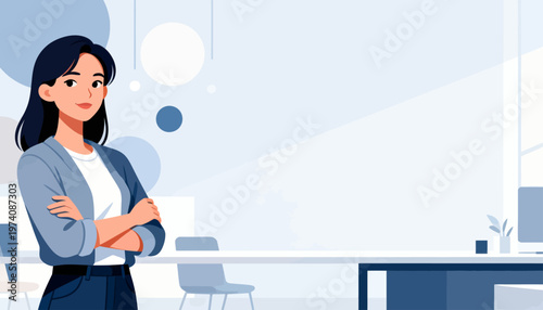 Young woman stands confidently with arms crossed. Modern office space feels bright and open. Soft pastel tones bring calm and professionalism. She appears focused, ready for a meeting or task