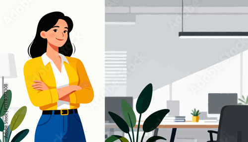 Confident woman stands in modern office space. She smiles, arms crossed, exuding calm assurance. Bright yellow blazer contrasts with clean, minimalist background. Office features sleek furniture