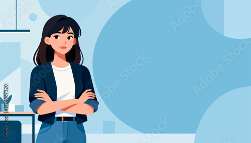 Young woman stands confidently with arms crossed. She wears a navy blazer and white top. Her dark hair falls softly around her face. Her expression shows calm assurance