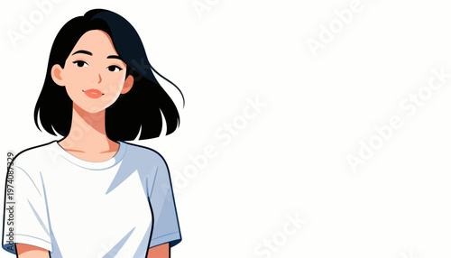 Softly drawn young woman with dark, shoulder-length hair. She wears a plain white t-shirt, facing forward. Her expression is calm and gentle, with a faint smile
