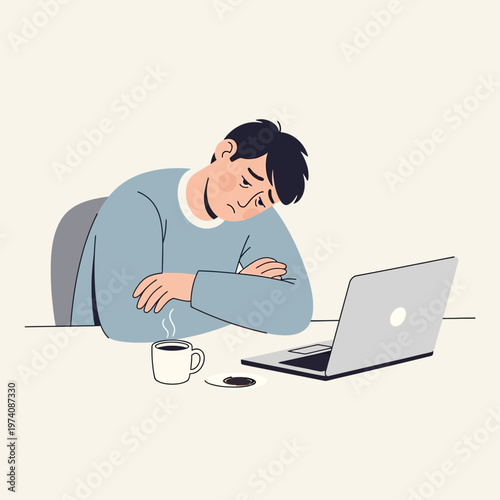 Man Sleeping at Desk with Laptop.