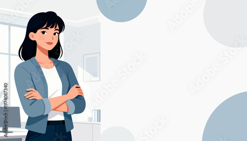 Confident woman stands with crossed arms. She wears a blazer and smiles softly. Office background suggests professionalism. Soft shapes float around her gently. Ideal for business, leadership