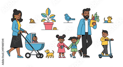 Colorful illustration depicting a happy, diverse family unit with parents, children, and beloved pets enjoying a vibrant day outdoors