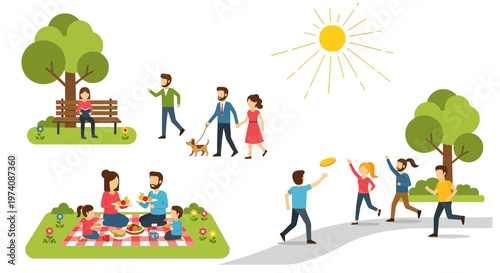 Vibrant outdoor scene depicting families and individuals enjoying various recreational activities in a park setting on a sunny day