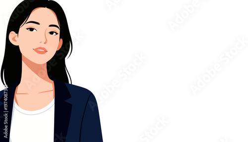 Young woman with dark hair and calm expression. She wears a navy blazer over a simple white top. Her gaze is steady, suggesting confidence and thoughtfulness. Suitable for professional, business