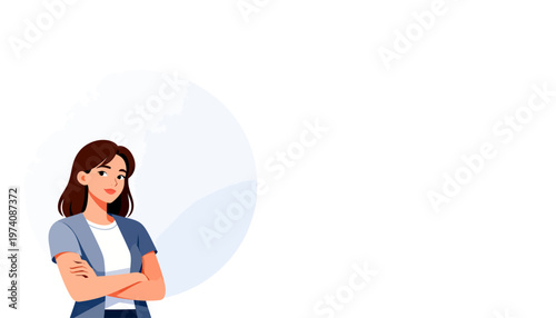 Young woman stands with arms crossed. She looks thoughtful and confident. Soft light creates a calm, inviting mood. Perfect for professional or creative projects