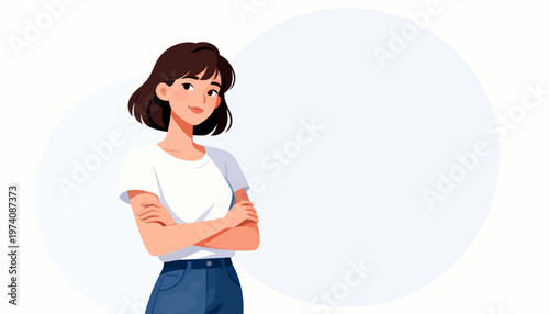 Young woman stands confidently with arms crossed. She wears casual attire, white tee and jeans. Her expression is calm and self-assured. Simple background highlights her presence clearly