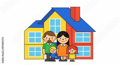 Vibrant illustration of a happy family, with parents and two kids, standing cheerfully in front of their colorful dream house, symbolizing togetherness and stability