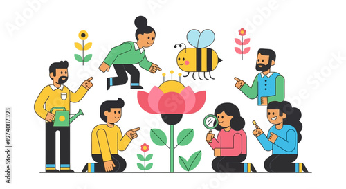 Diverse group of people observing a bee pollinating a flower with magnifying glass and watering can, illustrating nature and science