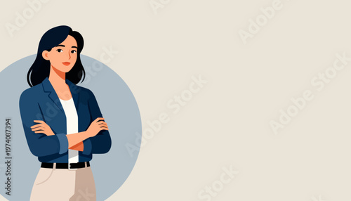Confident woman stands with arms folded. She wears a blazer and light pants. Her calm expression suggests authority. Ideal for professional or business contexts. Simple background draws focus to her