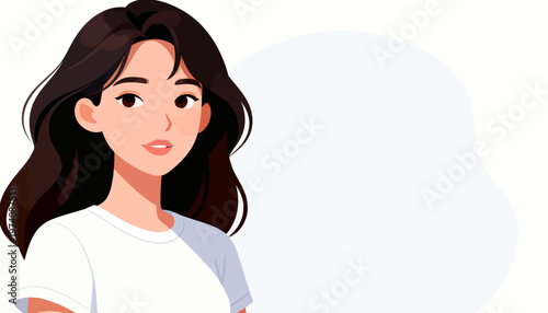 Softly illustrated young woman with dark wavy hair. She wears a plain white t-shirt, simple and clean. Her expression is gentle, calm, and slightly curious. Background features soft