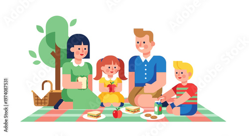 Joyful family of four enjoying a delightful summer picnic outdoors in nature, sharing laughter and wholesome food together on a sunny day