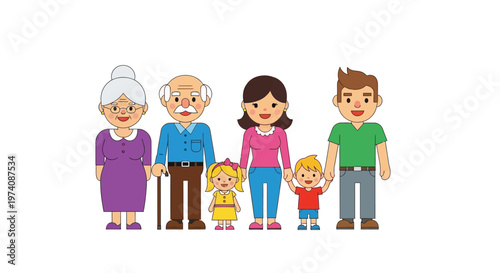 Happy multi-generational family illustration featuring cheerful grandparents, parents, and their two children together in a cohesive group