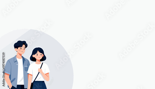 Soft photo of two friends walking side by side. They smile gently, sharing a quiet moment together. Simple pastel tones with a subtle textured background. Ideal for social media, travel