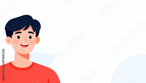 Young man smiles warmly, wearing a red shirt. Simple, clean style adds cheerful energy to any design. Great for wellness, education, or community-focused projects